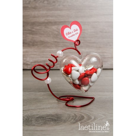 Boîte à dragées Coeur plexi avec support fil aluminium OUI Rouge et Blanc
